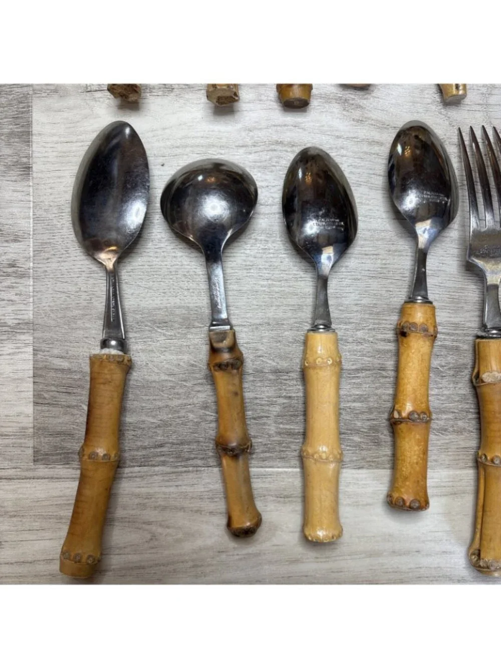 Vtg 29pc Bamboo Handle Flatware Silverware and Serving Pieces Stainless Japan